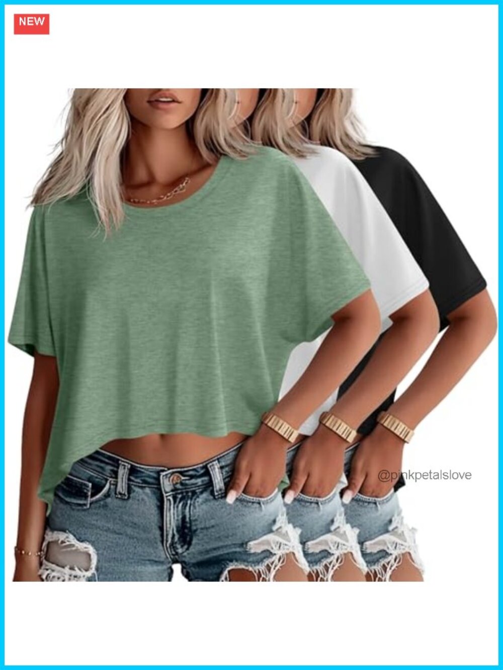 3 Pack Women's Oversized Cropped T-Shirts Polyester Rayon Spandex Crew Neck